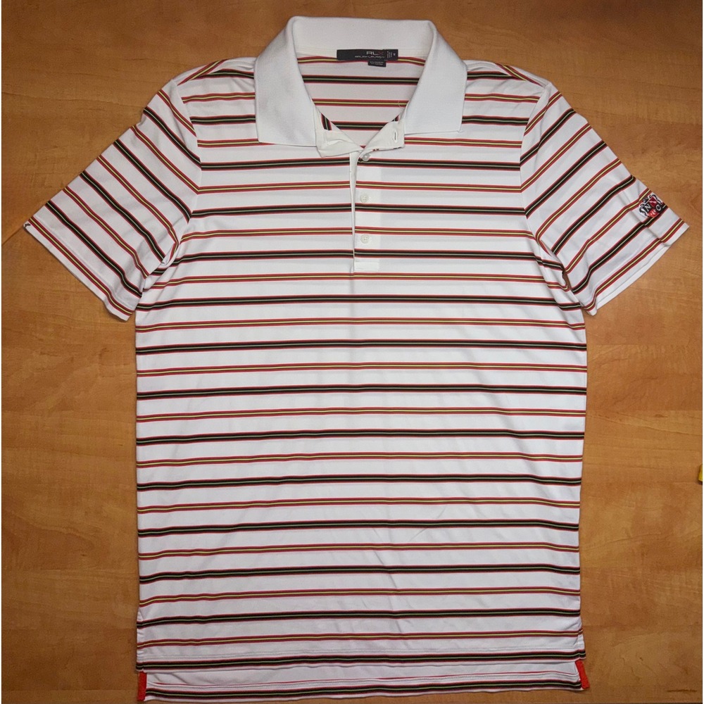 RLX Ralph Lauren Mens Striped Golf Polo Shirt White Red Yellow NYC Crest Size M